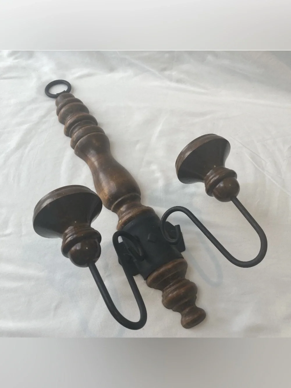 Vintage Hanging Wall Candle Sconce Wood Wrought Iron MCM Cottagecore Cozy Hygge